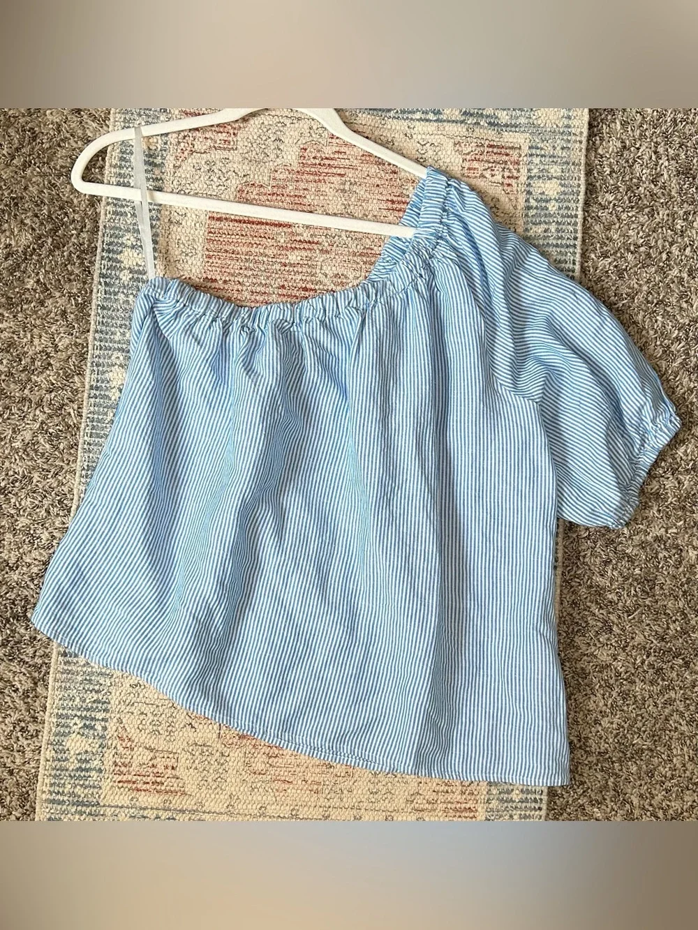 🧺LOFT Linen Blend Striped One Shoulder Puff Sleeve Top - Large